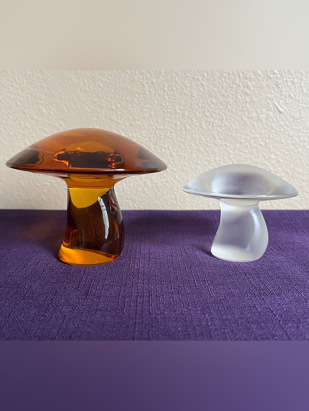 Vintage Viking Glass Mushroom Pair Amber & Frosted Clear Satin MCM Paperweights